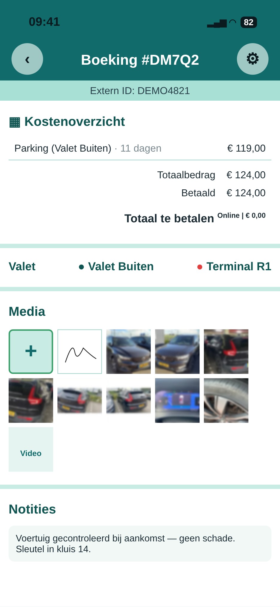 Fotos — Skadekontrol og omkostninger registreret pr. booking, med fotos af køretøjet.