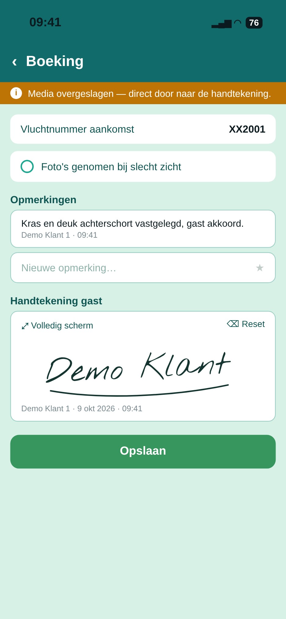 Underskrift — Gæsten underskriver digitalt for godkendelse, sammen med de registrerede skader og kommentarer.