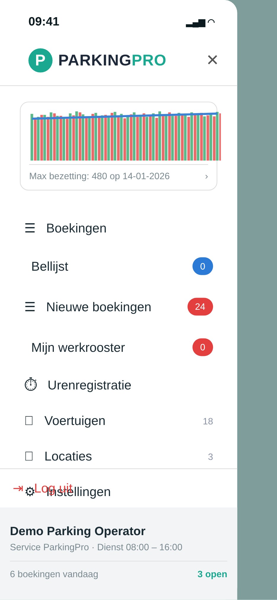 Startskærm — Direkte til ringeliste, vagtplan og tidsregistrering, med dagens belægning øverst.