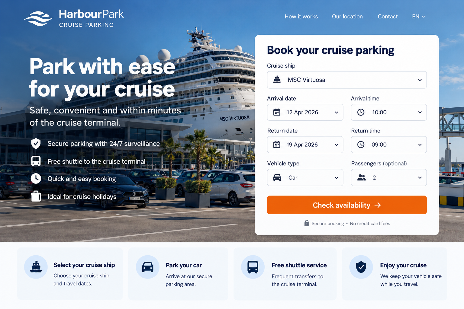Cruise parking booking form with cruise ship selection, arrival and return dates
