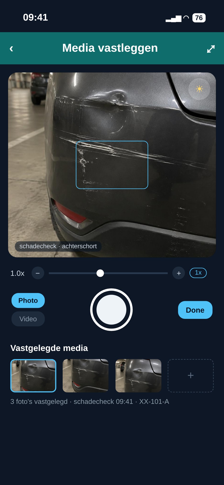 Optag medier — Appens kamera ved skadekontrol: tag billeder af køretøjet direkte ved overdragelsen.