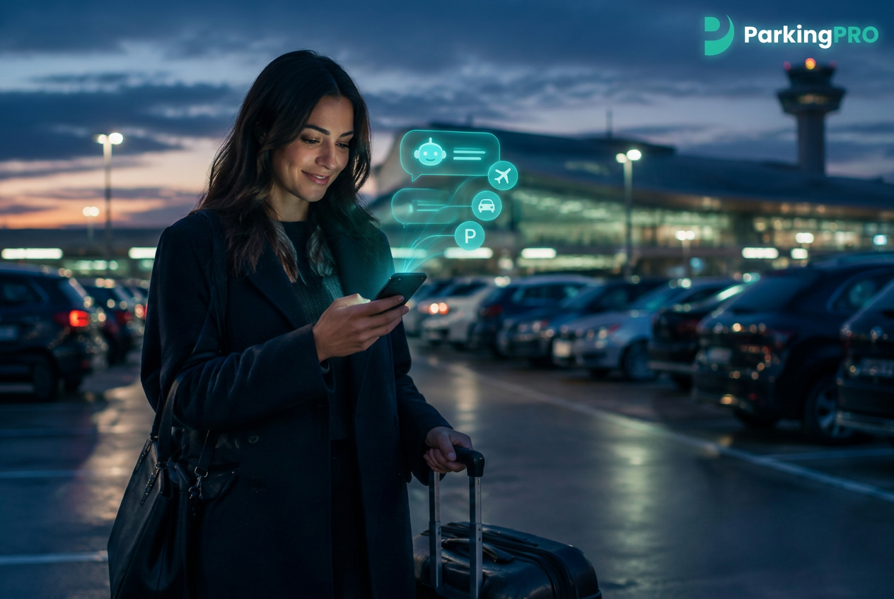 Rejsende med kuffert bruger en telefon på en parkeringsplads, assisteret af en digital assistent