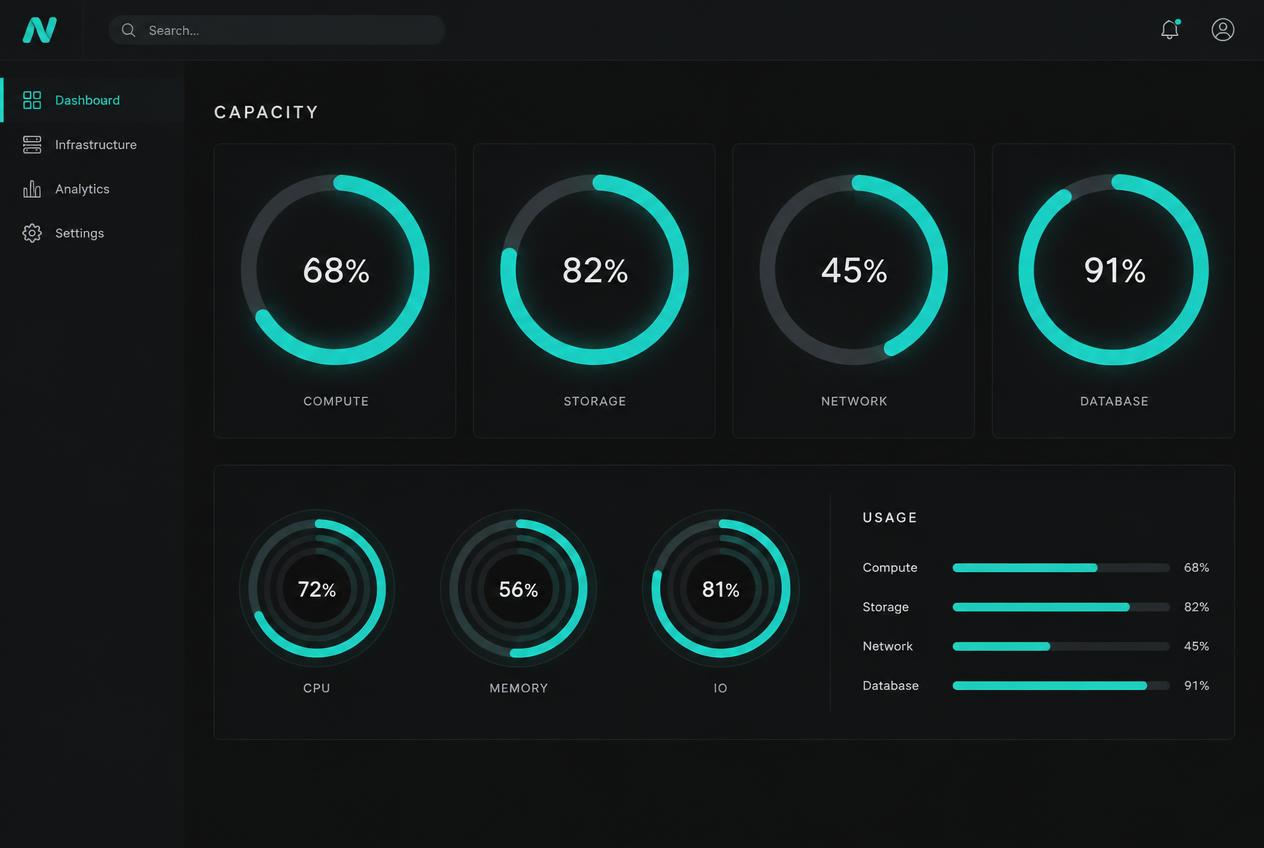 Dashboard met capaciteit en bezetting per terrein in cirkeldiagrammen