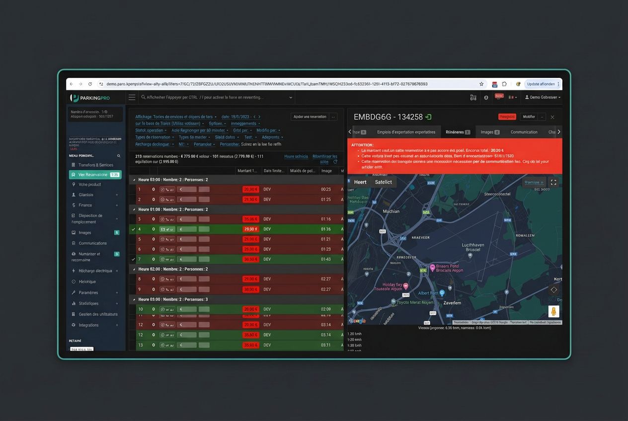 ParkingPro fleet dashboard showing real-time vehicle locations and status for car rental