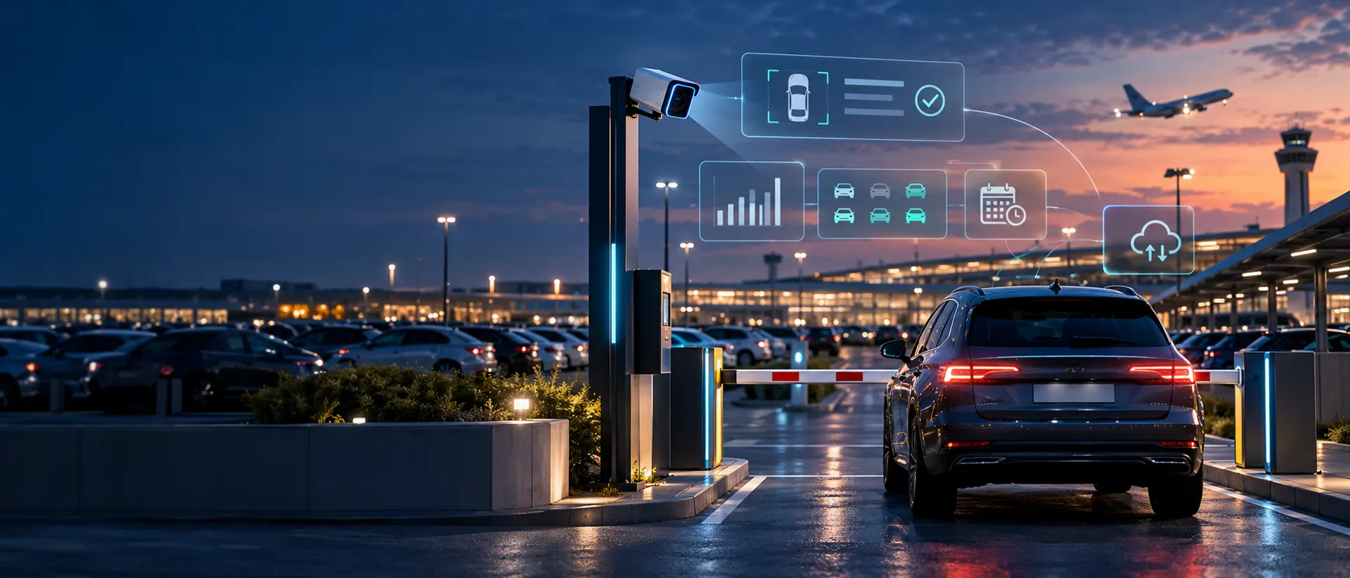 Akşam saatlerinde bir havalimanı otoparkında plaka tanıma sistemli bariyer