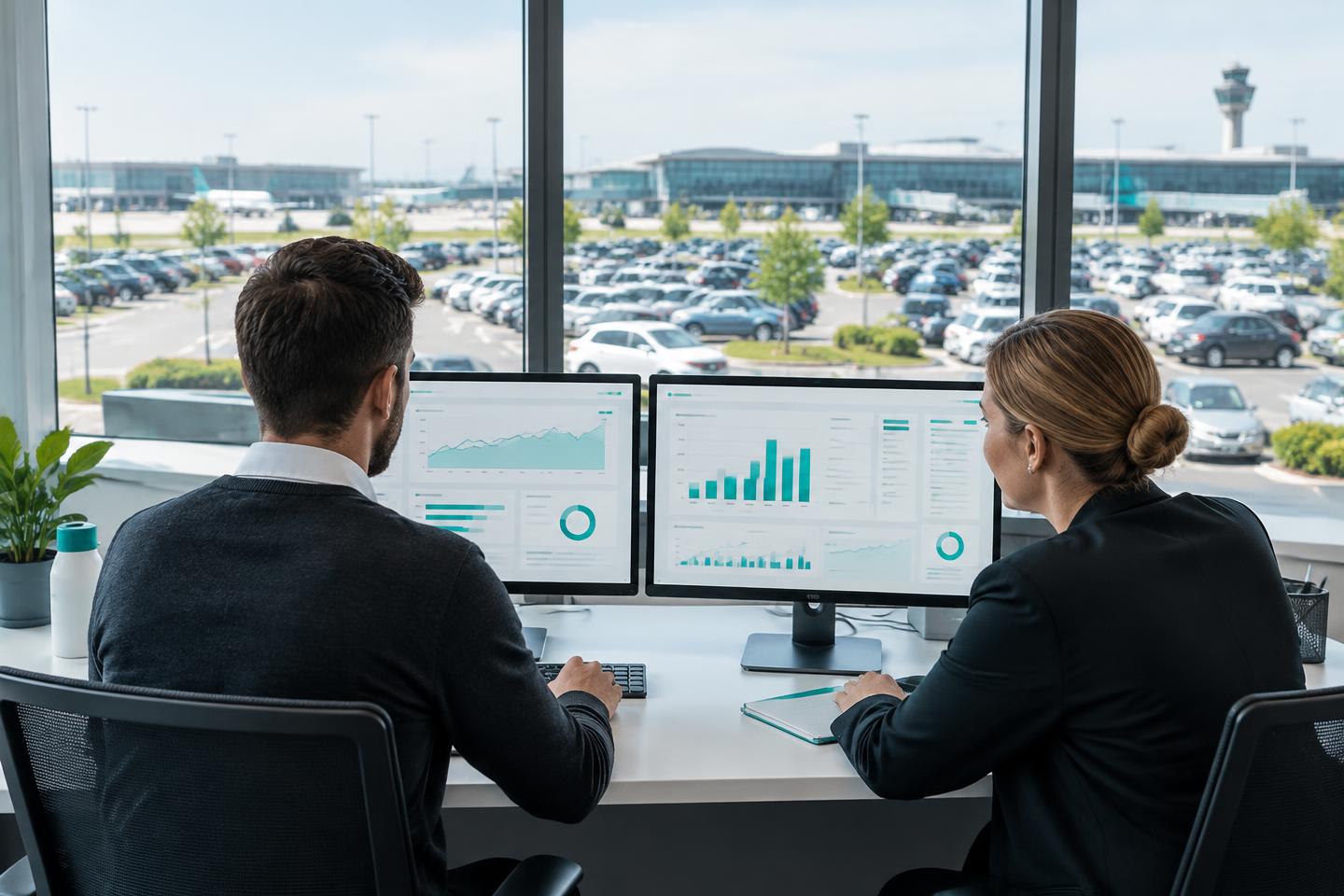 Illustratief beeld van parkeerbeheerders die prestaties analyseren