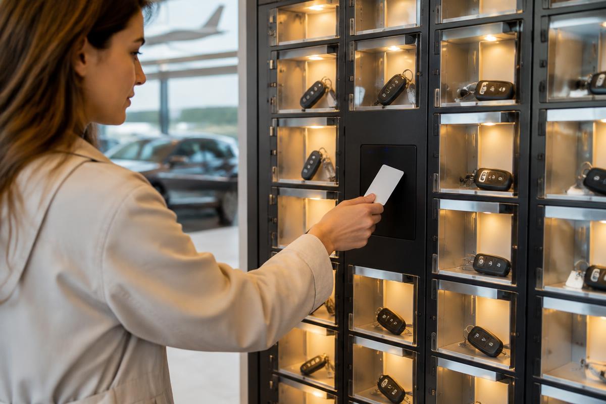 Hånd, der tager en bilnøgle ud af en elektronisk nøgleboks