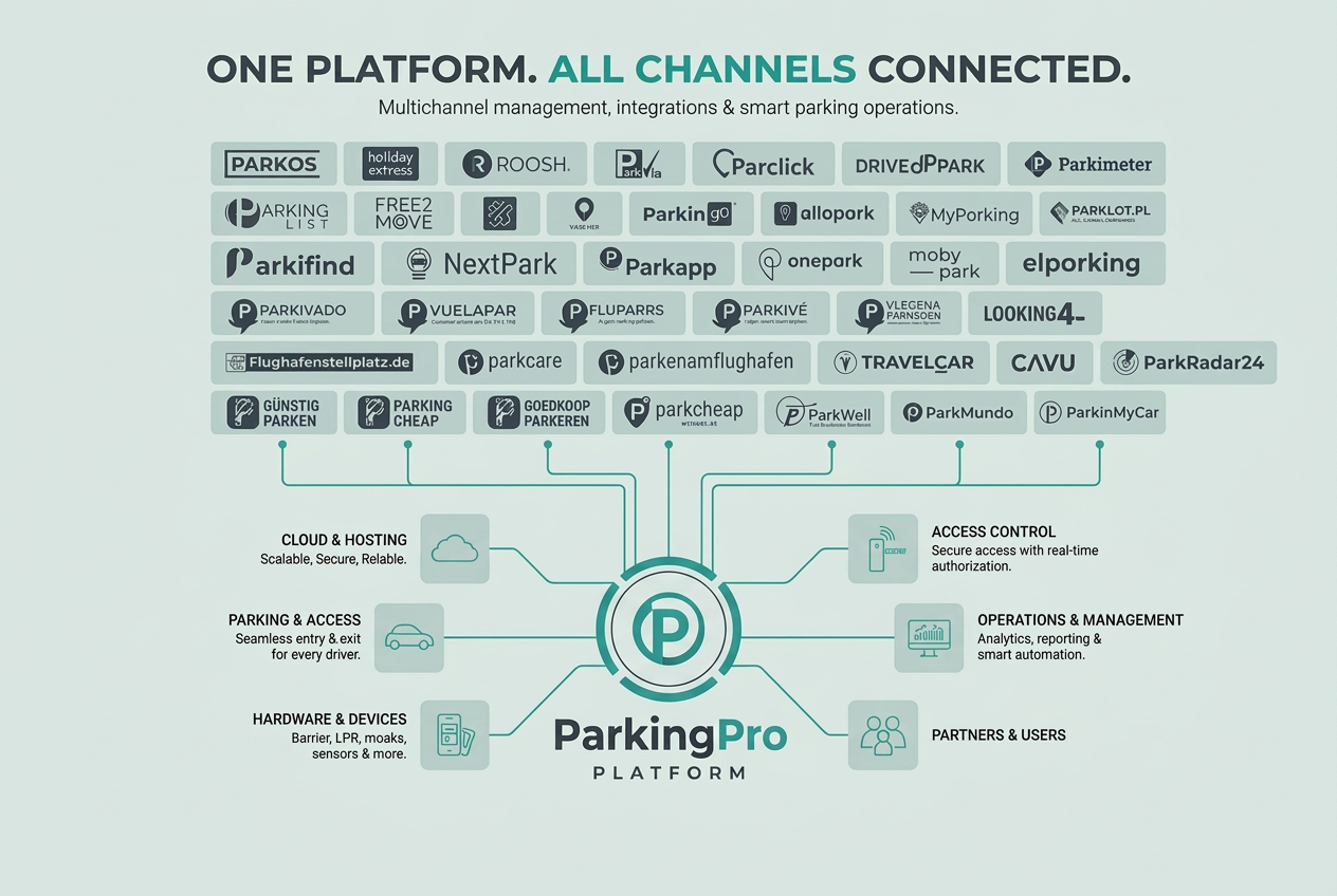 Overview of 100+ connected booking channels and partners on the ParkingPro platform