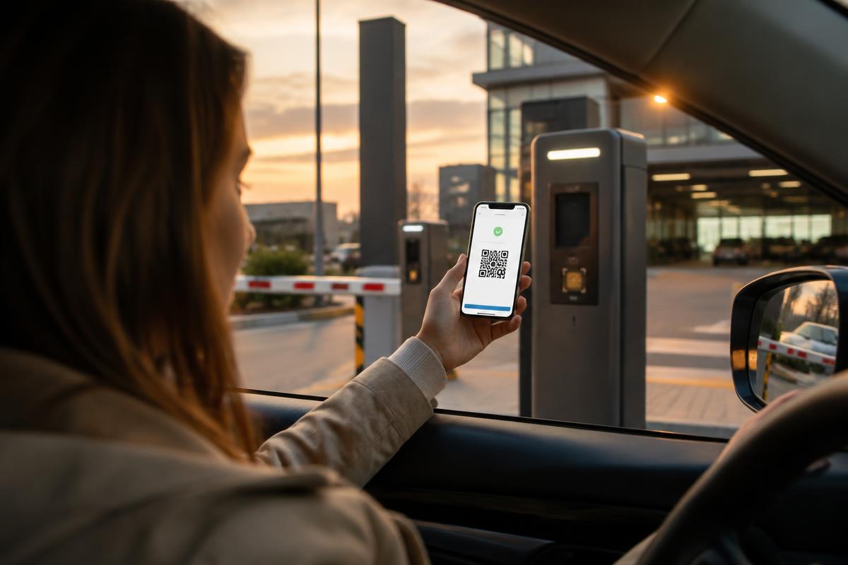 Una clienta en una barrera de aparcamiento muestra el código QR de una reserva directa en su móvil