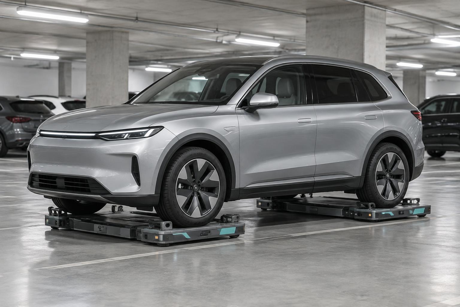 Illustration of low-profile parking robots lifting a car in a parking garage