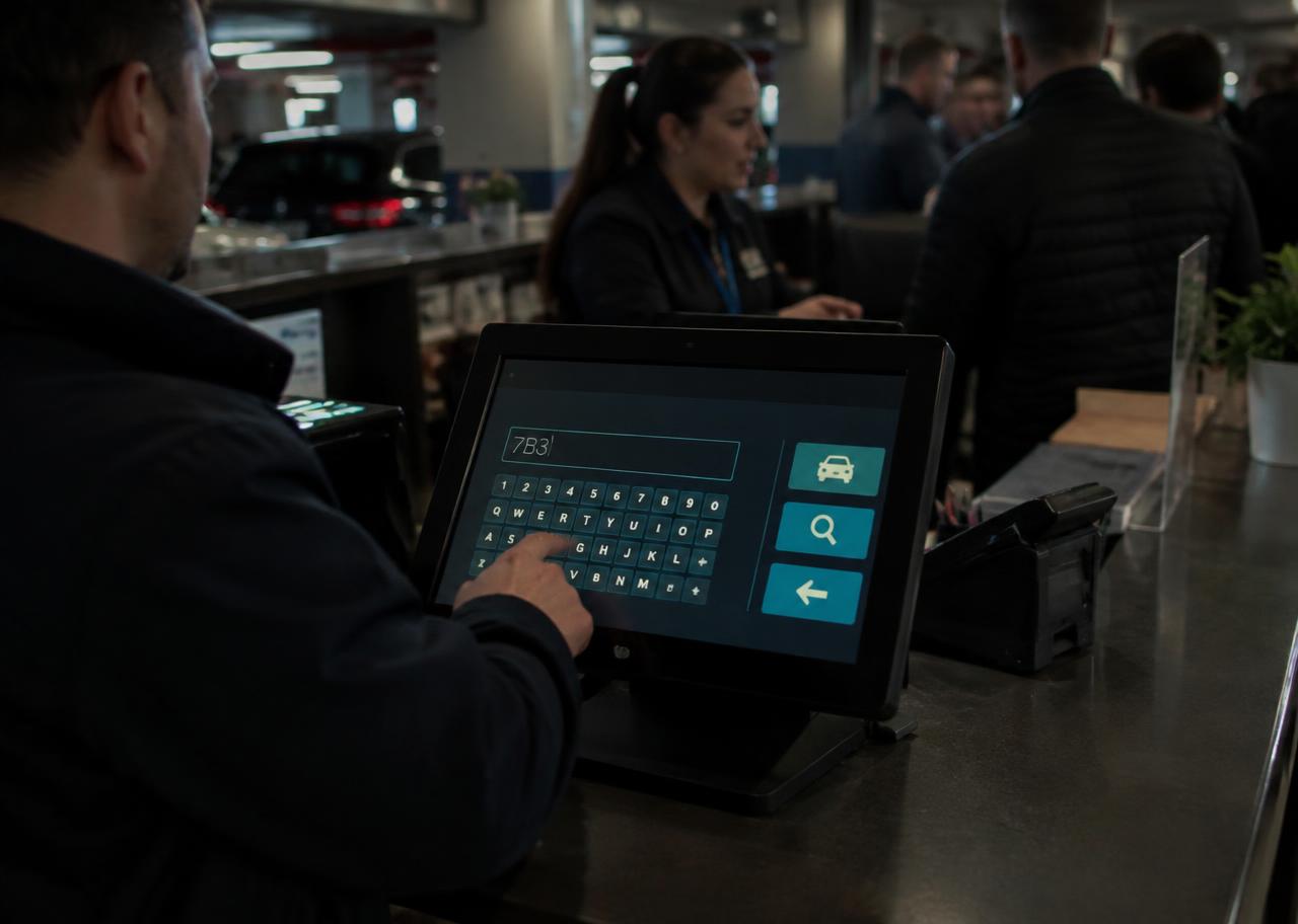 Cliente che digita la targa su un touchscreen al banco accettazione