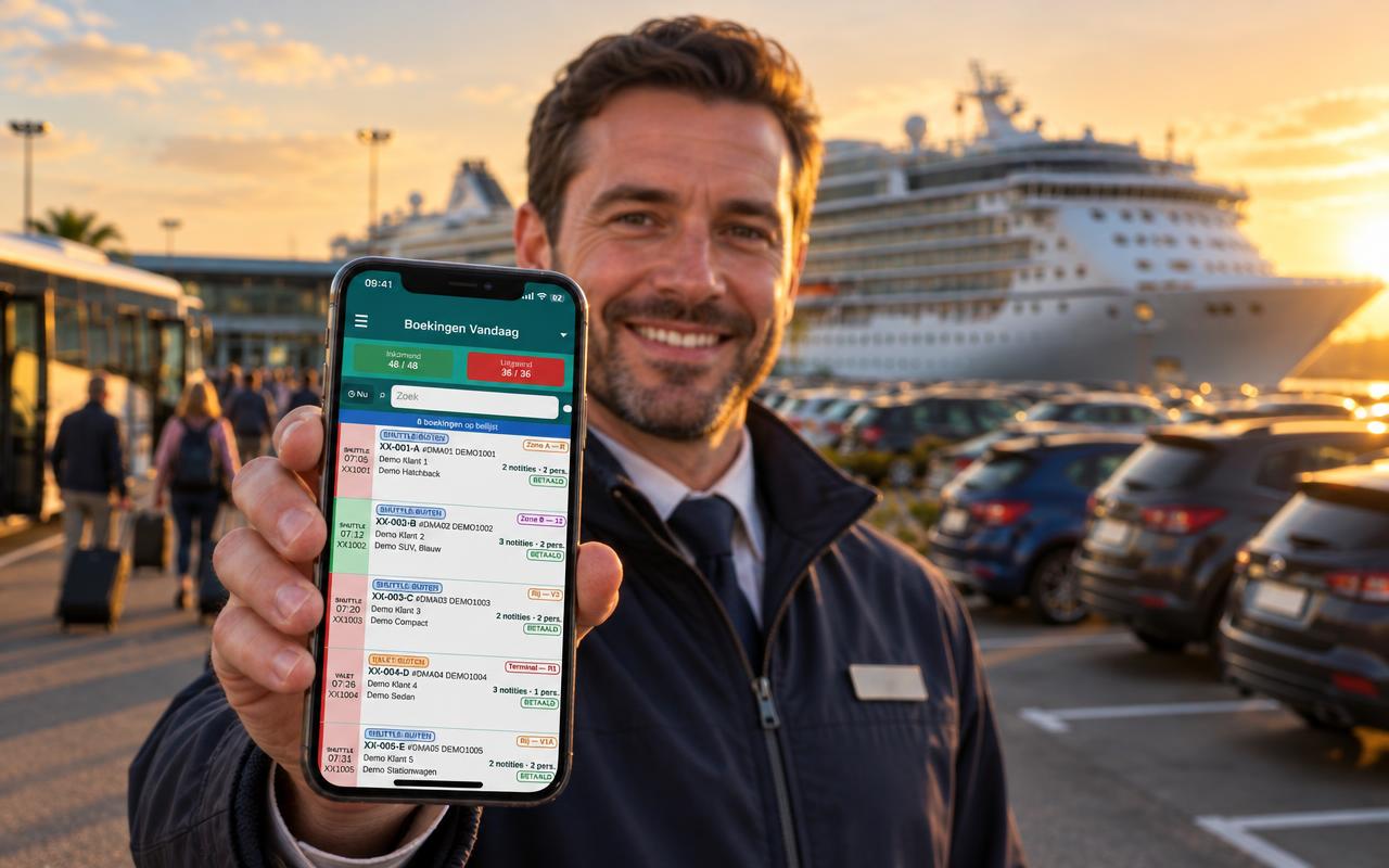 Valetchauffeur checkt een auto in met de ParkingPro-app bij de cruiseterminal